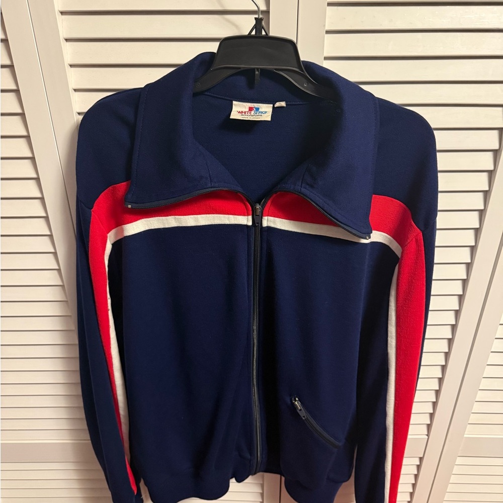 VTG 70s White Stag Actionsports Tracksuit Jacket XL Blue with Red & White Stripe